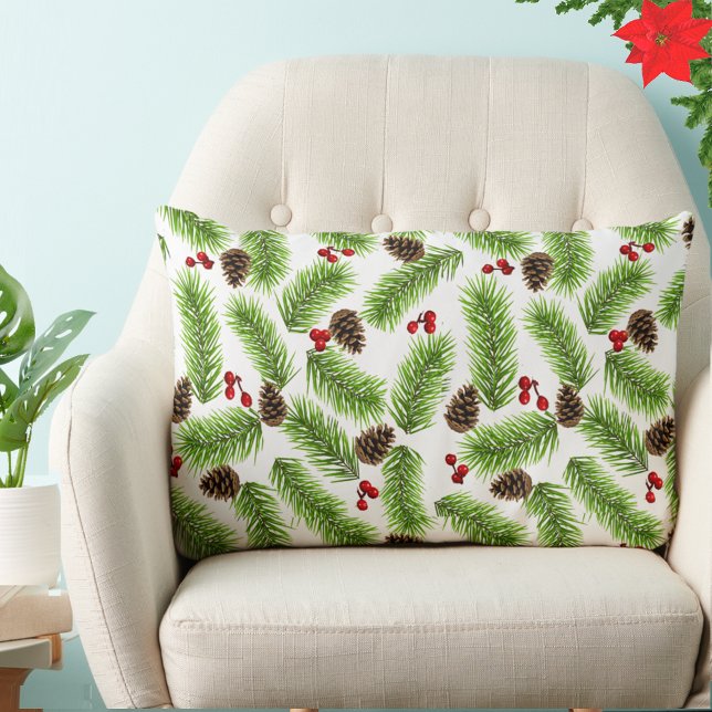 Coussin Rectangle Feuilles, cônes et baies de pin de Noël sur fond b (Créateur téléchargé)