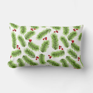 Coussin Rectangle Feuilles de pin vertes de Noël et baies rouges sur