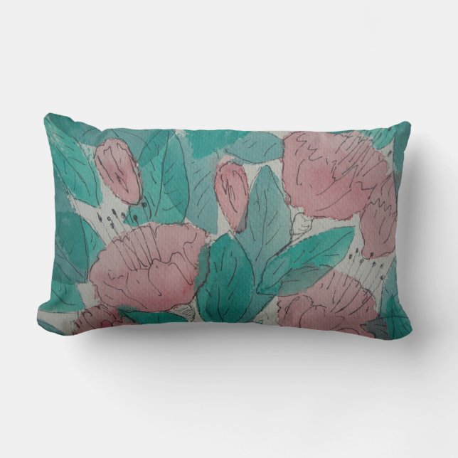 Coussin Rectangle feuilles et fleurs fuschia roses (Recto)