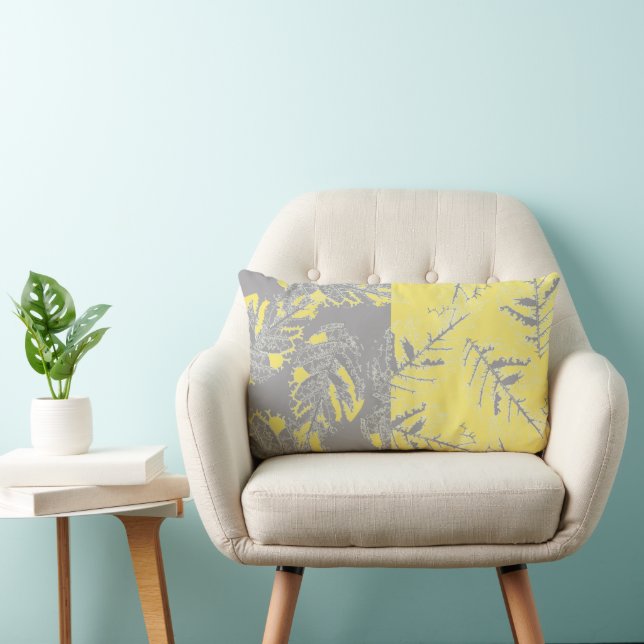 Coussin Rectangle Feuilles gris et jaunes sur un arrière - plan rayé (Chaise)