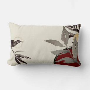 Coussin Rectangle Feuilles ivoire rouge et noir et gris d'aquarelle