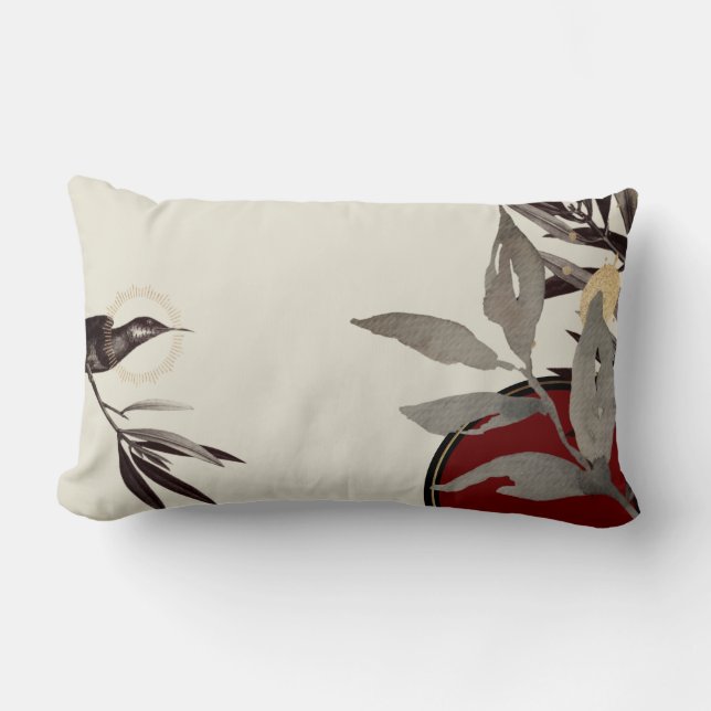 Coussin Rectangle Feuilles ivoire rouge et noir et gris d'aquarelle (Recto)