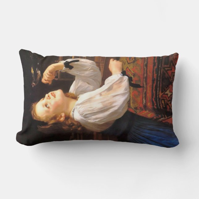 Coussin Rectangle Fille avec un oiseau (par William-Adolphe Bouguere (Recto)