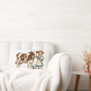 Coussin Rectangle Fille de la ferme avec vache, joli art de campagne