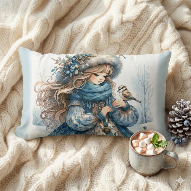 Coussin Rectangle Fille d'hiver avec oiseau en manteau floral bleu (Winter Girl with Bird in Blue Floral Coat Lumbar Pillow Mockup A)