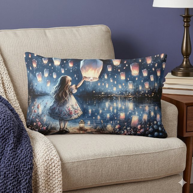 Coussin Rectangle Fille du lac de lanterne céleste fantaisiste  (Whimsical Sky Lantern Lake Girl Lumbar Pillow)