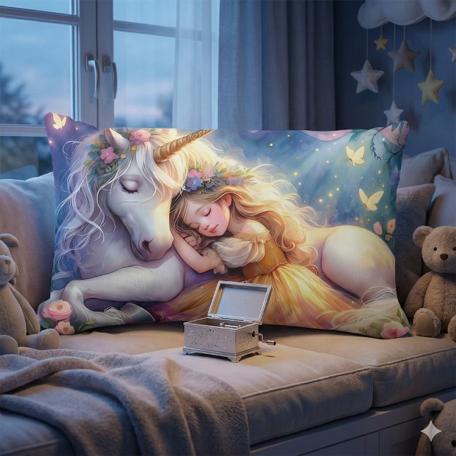 Coussin Rectangle Fille Endormie Paysage de Rêve Licorne (Sleeping Girl Unicorn Dreamscape Lumbar Pillow Mockup A)