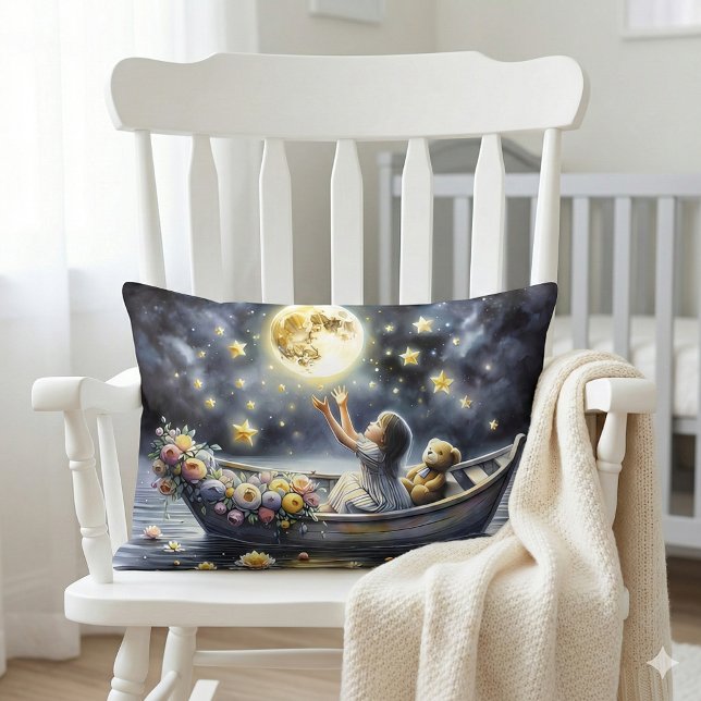 Coussin Rectangle Fille Fantasque Scène de Rêve Lunaire (Whimsical Girl Moon Dream Fantasy Scene Lumbar Pillow Mockup A.)