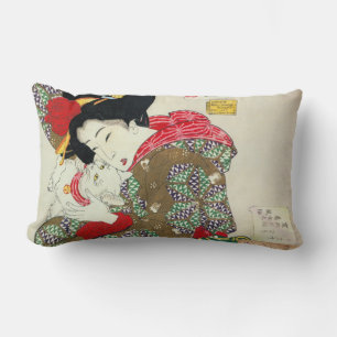 Coussin Rectangle Fille japonaise avec le chat, Tsukioka Yoshitoshi