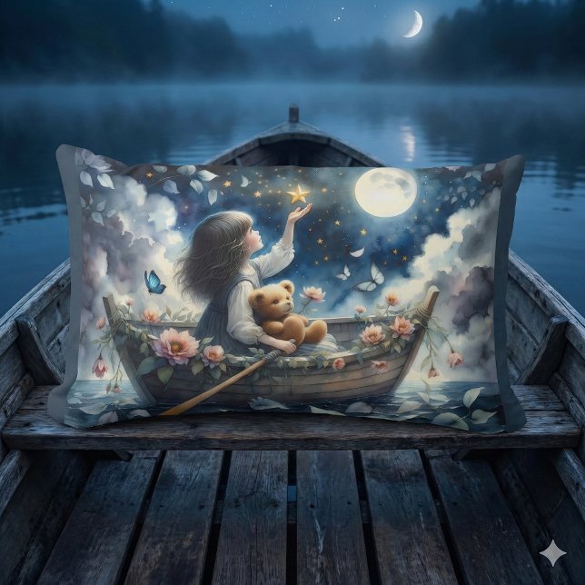 Coussin Rectangle Fille rêveuse en barque Scène de fantaisie au clai (Dreamy Girl Rowing Boat Moonlit Fantasy Scene Lumbar Pillow Mockup C)