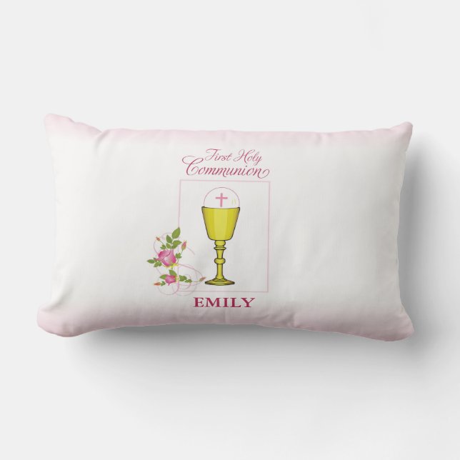 Coussin Rectangle Fille Rose Première Communion Sainte, Chalice, Hôt (Recto)