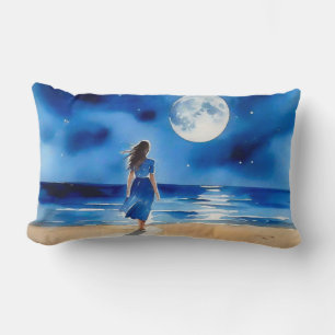 Coussin Rectangle Fille sur la plage sous une Pleine lune