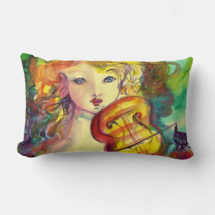 COUSSIN RECTANGLE FILLE VIOLINISTE, VIOLIN ET CAT