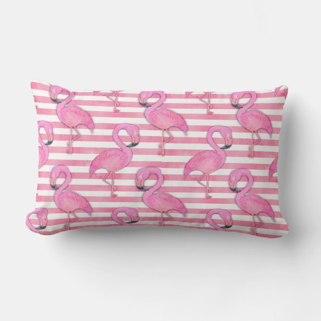 Coussin Rectangle Flamant rose d'aquarelle sur les rayures roses (Recto)