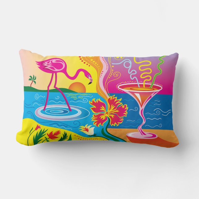 Coussin Rectangle Flamant Rose et Cocktail d'Été (Recto)