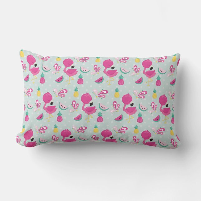 Coussin Rectangle Flamant rose rose avec pastèque et Motif ananas (Recto)