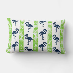 Coussin Rectangle Flamant Tropical - Clé Grecque Navy & Lime