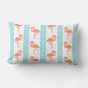 Coussin Rectangle Flamant Tropical - Corail à Clé Grecque & Turquois