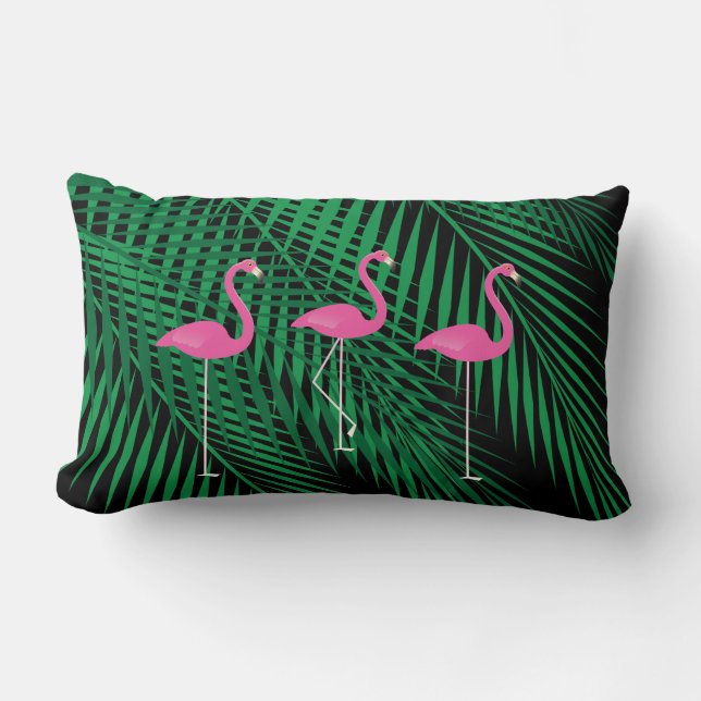 Coussin Rectangle Flamants roses et palmettes tropicales sur le ciel (Recto)
