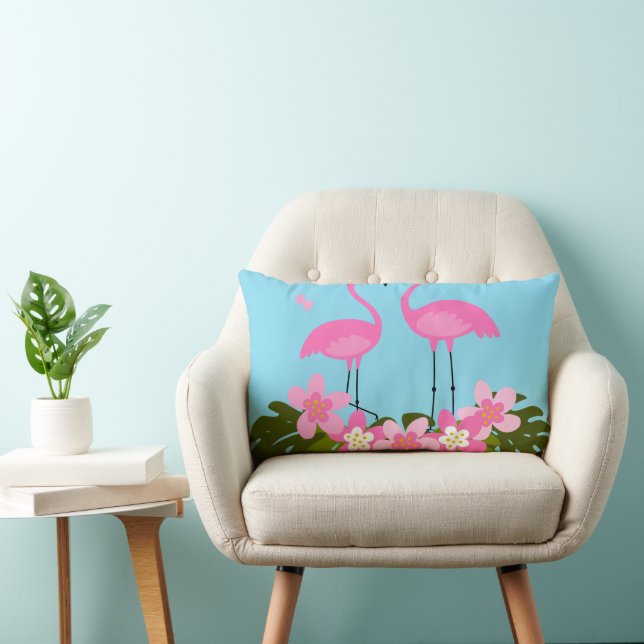 Coussin Rectangle Flamants roses tropicaux et illustration florale (Chaise)