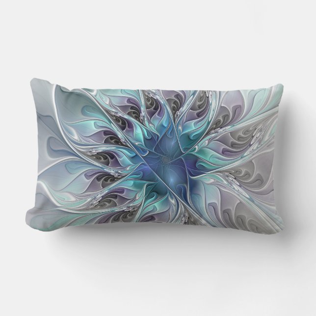 Coussin Rectangle Fleur Abstraite Fractale Moderne Avec Bleu (Recto)