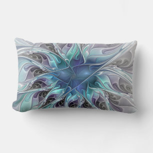 Coussin Rectangle Fleur Abstraite Fractale Moderne Avec Bleu