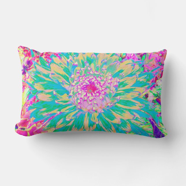 Coussin Rectangle Fleur de Dahlia Décorative Vert Turquoise et Rose  (Recto)