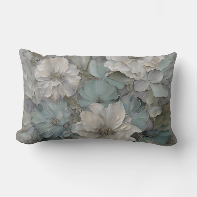 Coussin Rectangle Fleur de Maison de Campagne Bleu Gris Sage Doux (Recto)
