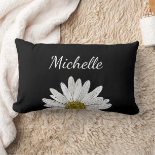 Coussin Rectangle Fleur marguerite moderne noir blanc mignonne
