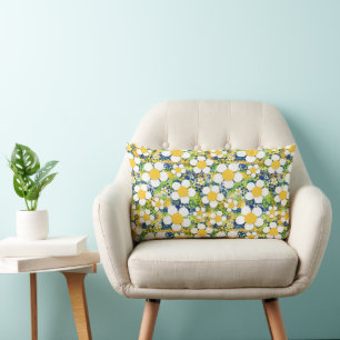 Coussin Rectangle Fleur Méditerranéenne Bleu Jaune et Blanc