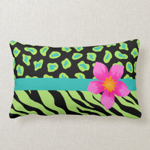 Coussin Rectangle Fleur rose verte, noire et turquoise de zèbre et