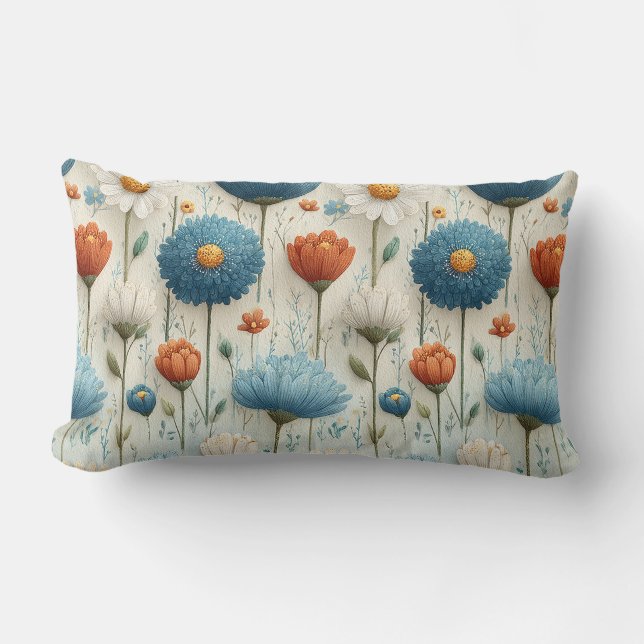 Coussin Rectangle Fleur sauvage bleue orange Floral  (Recto)