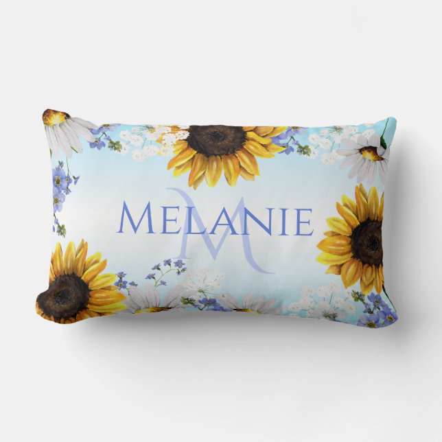 Coussin Rectangle Fleur sauvage de tournesol jaune bleu Monogramme (Recto)