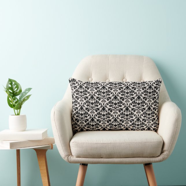 Coussin Rectangle Fleurir Damas Répéter Motif Noir sur Crème (Chaise)