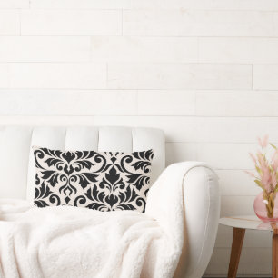 Coussin Rectangle Fleurir Damassé Art I Noir sur Crème