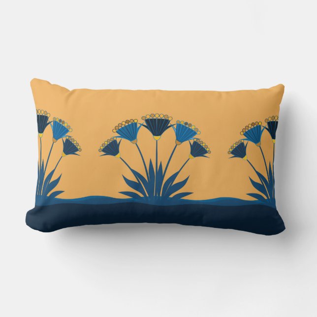 Coussin Rectangle fleurs Abstraites, jaune moutarde, bleu marine, or (Recto)
