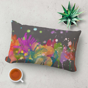 Coussin Rectangle Fleurs aquarelles colorées sur fond gris foncé