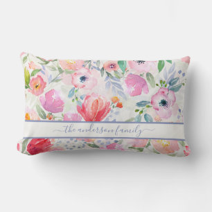 Coussin Rectangle Fleurs aquarelles roses écriture nom de famille