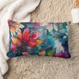 Coussin Rectangle Fleurs aquarelles sarcelle orange colorées