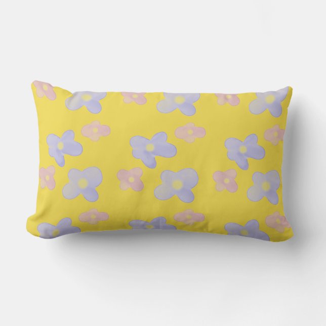 Coussin Rectangle Fleurs bleu rose sur jaune vif (Recto)