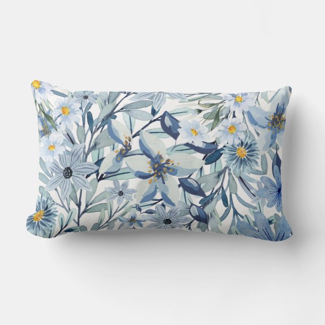 Coussin Rectangle Fleurs Bleues Art Floral Aquarelle  (Recto)