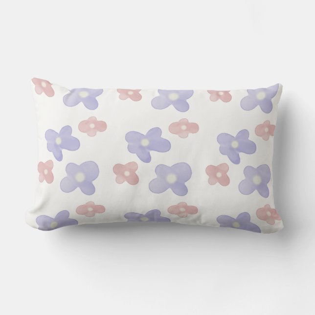 Coussin Rectangle Fleurs bleues roses sur blanc (Recto)