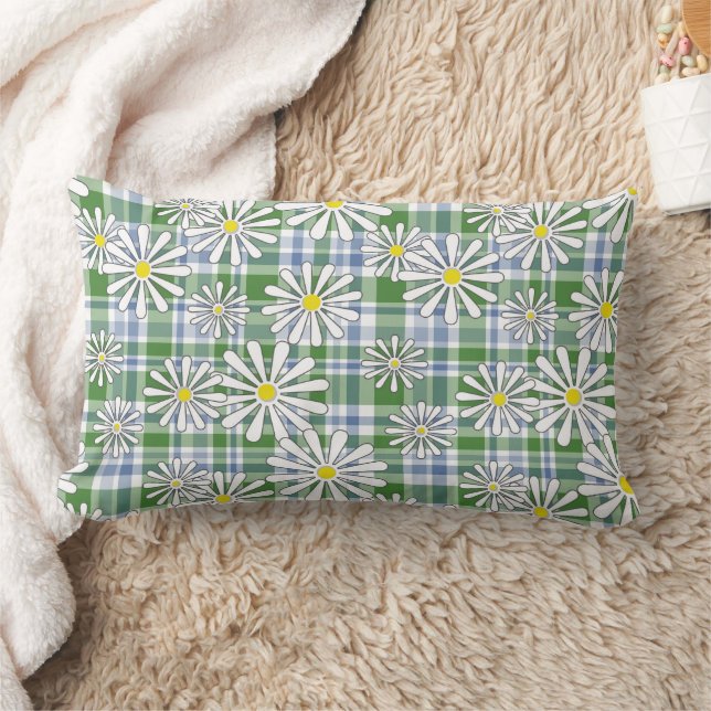 Coussin Rectangle Fleurs chamomiles blanches sur à damiers bleu vert (Couverture)