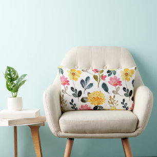 Coussin Rectangle Fleurs d'aquarelle rose et jaune