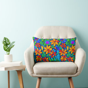 Coussin Rectangle Fleurs d'art populaire colorées vives
