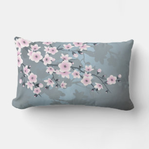 Coussin Rectangle Fleurs de cerisier poussiéreuse rose bleu