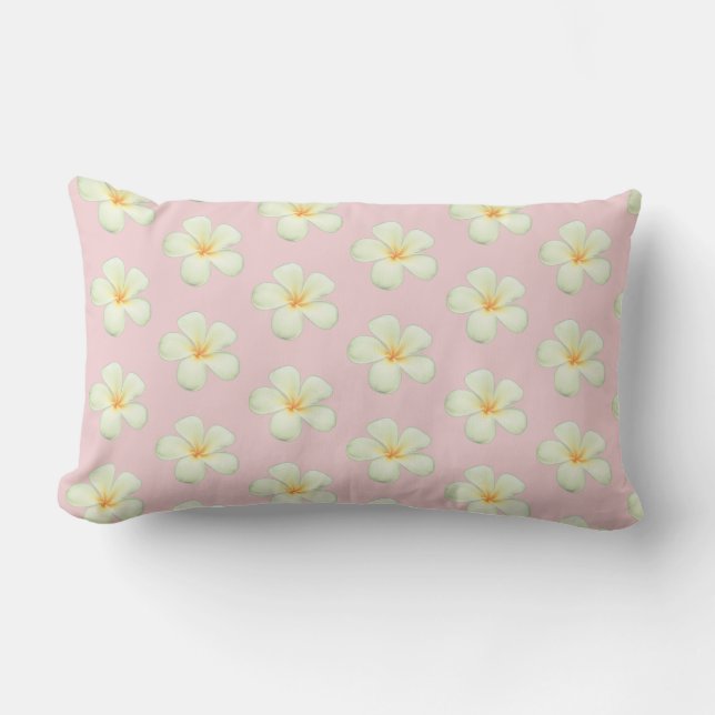 Coussin Rectangle Fleurs de frangipanier Plumeria sur fond rose clai (Recto)