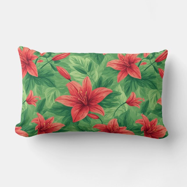 Coussin Rectangle Fleurs de lys rouges avec des feuilles vertes luxu (Recto)