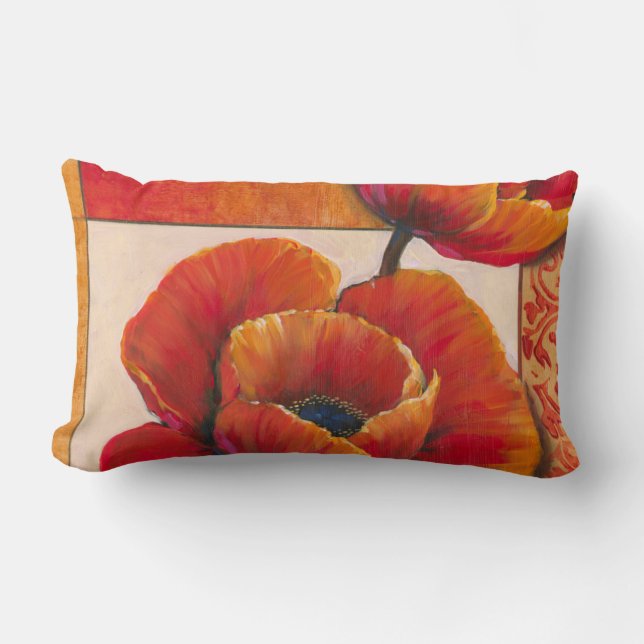 Coussin Rectangle Fleurs de pavot sur Tan et Arrière - plan orange (Recto)