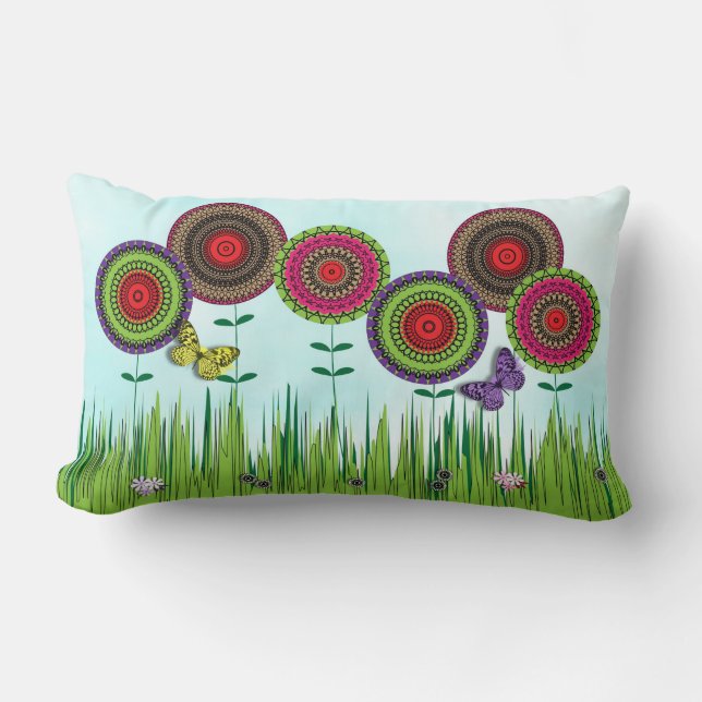 Coussin Rectangle Fleurs de prairie et papillons capricieux (Recto)